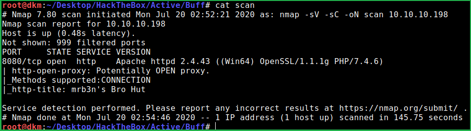 Nmap default port Scan performed during Buff HackTheBox Walkthrough 