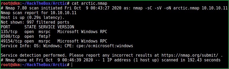 Default port scan result in Arctic HackTheBox WalkThrough 