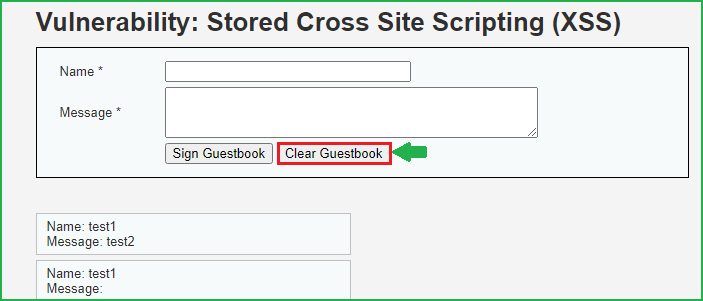 Clearing the guestbook after exploiting at low level in Dvwa Stored XSS exploitation