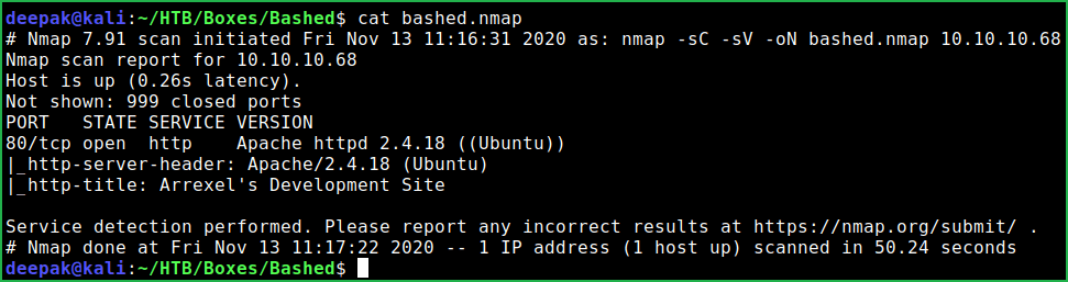 Nmap scan result in Bashed HackTheBox WalkThrough