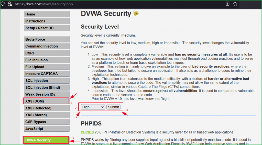 Selecting High security in DVWA 