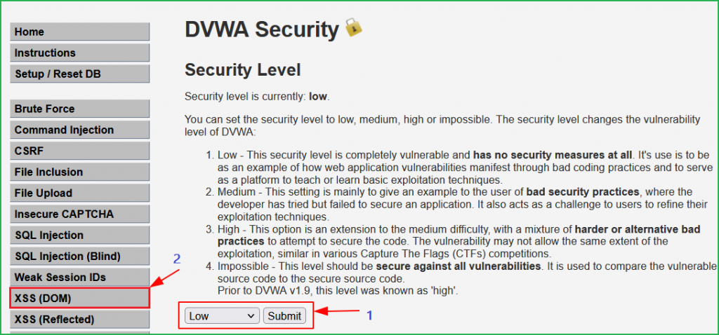 Select Low Security in Dvwa DOM-Based XSS walkthrough