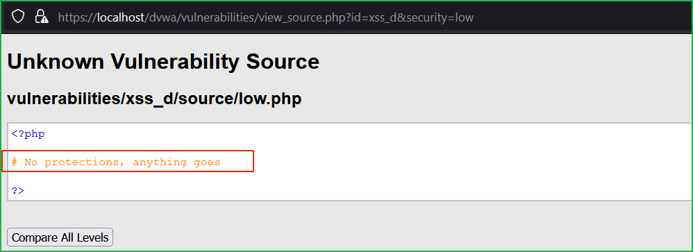 Source Code Analysis of Low Level Security of DVWA DOM based XSS