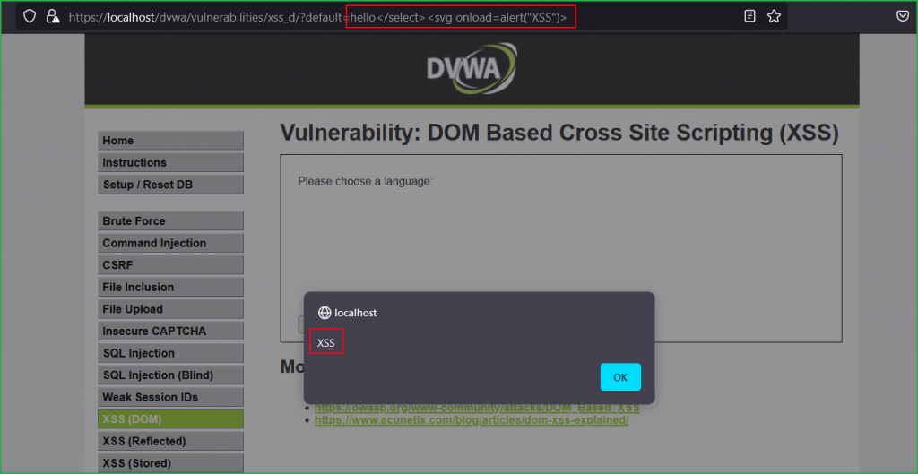 Alert box of DVWA DOM based XSS during its exploitation 