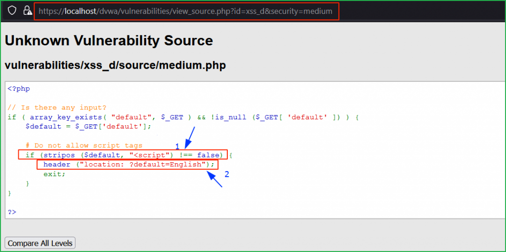 Source code analysis of Medium Level Security during DOM based XSS in DVWA