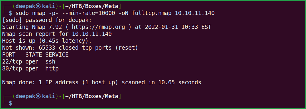 Full TCP port scan on Meta HackTheBox machine during its walkthrough