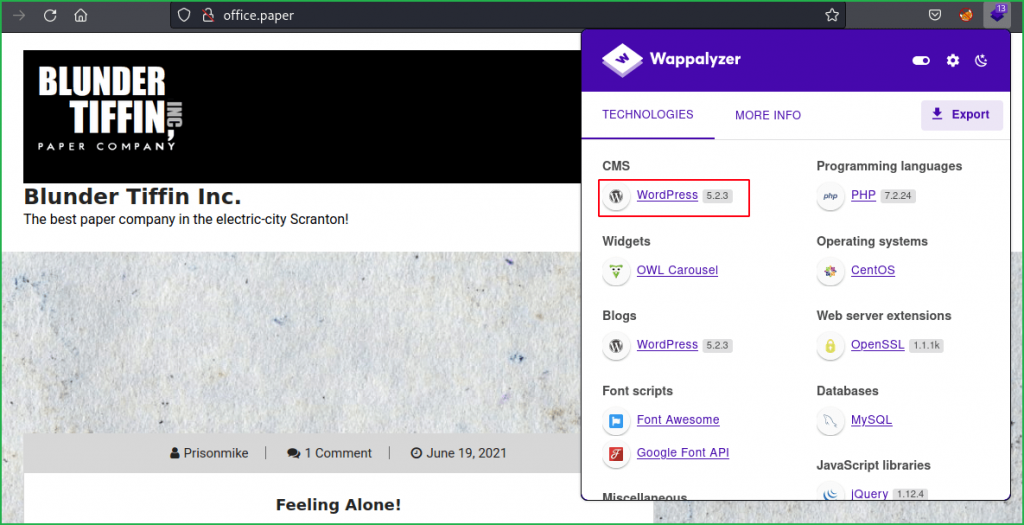 Wappalyzer showing CMS as WordPress during Paper HTB Writeup 