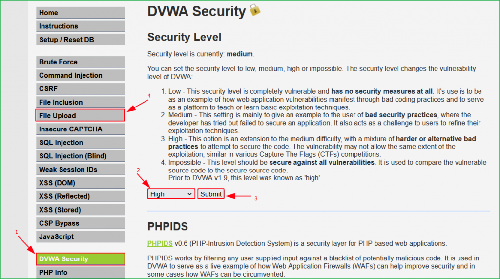 Selecting high Level Security during DVWA file upload vulnerability