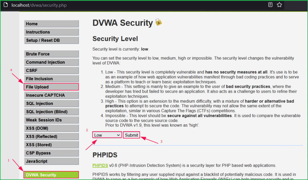 Selecting Low Level Security during DVWA file upload vulnerability