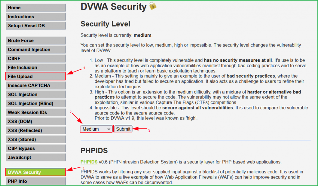 Selecting Medium Level Security during DVWA file upload vulnerability