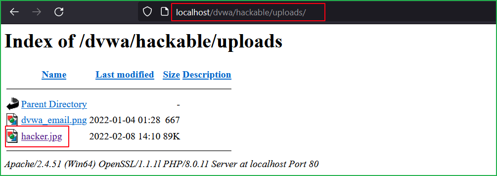 Directory listing showing hacker.jpg file