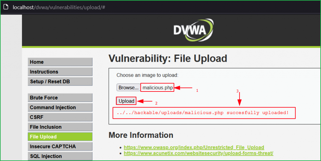 Uploading php file containing malicious code in DVWA low security