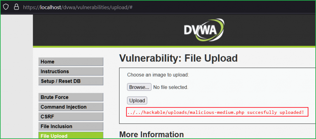 Success message after bypassing the file upload functionality at medium level in DVWA 