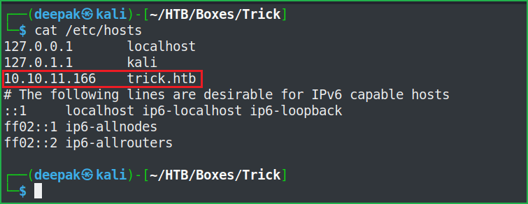Host file after modification 1 during Trick HackTheBox WalkThrough