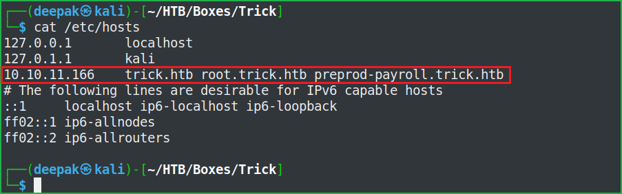 Host File after modification 2 on Trick HTB