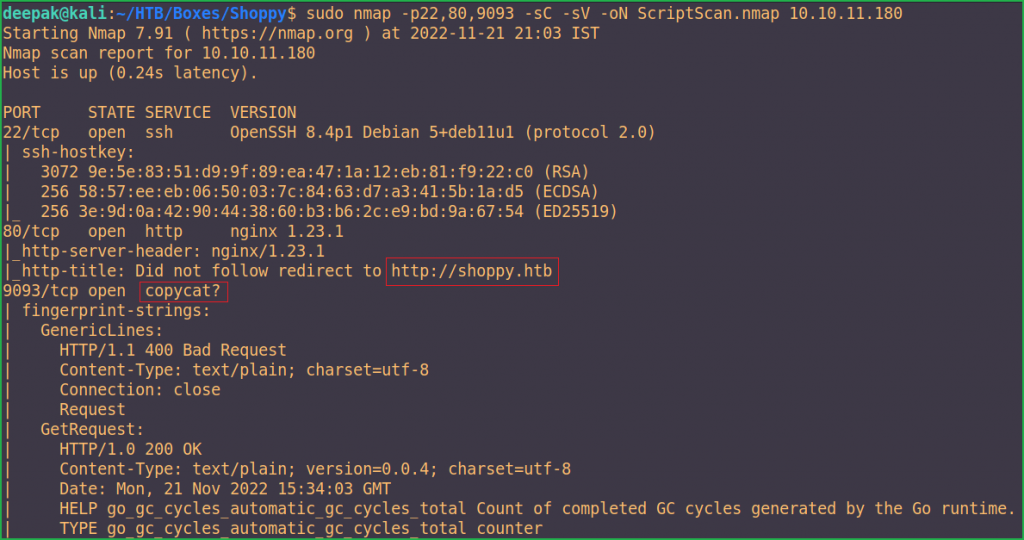 ScriptScan result on the selected port in Shoppy HackTheBox WalkThrough